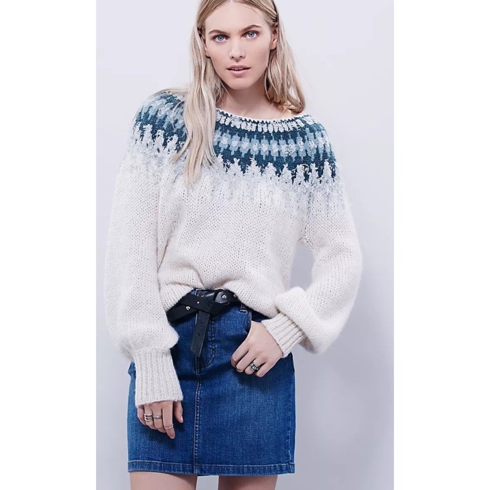 Free People M Baltic Fair Isle Wool Alpaca Blend Knit Sweater Ivory Oversized